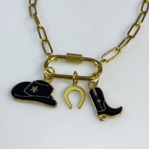 Oval Carabiner Cowgirl Cowboy Charms on Paperclip Chain Necklace - Picture 2 of 7